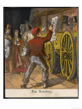 Victorian Newspaper Seller Offering the Paper to Passengers on a Horse-Drawn Bus