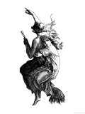 Young Witch Gets a Lift on the Broom of Her Older Companion as They Leave for the Sabbat