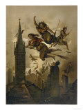 Witches on Their Broomsticks Fly Over the Roofs of Their Town