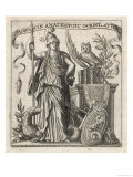 The Greek Goddess of Wisdom with Her Owl and a a Dragon