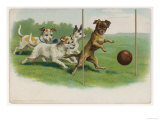Group of Four Dogs Play a Lively Game of Football One of Them is About to Score a Goal