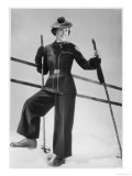 Stylish Ski-Suit with Belted Jacket and Contrasting Piping and Pom-Pon Decoration