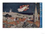 Peter Pan and Wendy Fly Over the Rooftops in a Poster to Advertise the Stage Show