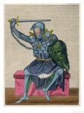 Man in Armour Brandishes a Sword and Holds a Green Shield with a Creatures Face Inscribed on It