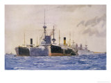 Hms Exmouth Flanked by Support Ships in Kephalo Harbour