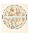 German Map of the World Showing Various Cities Rivers and Seas