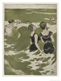 Two German Lady Bathers Watch Other Swimmers Playing in the Waves