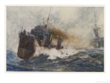 River  Class Destroyer at Speed Its Four Funnels Belching Smoke as She Races Past a Warship