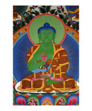 Green Buddha mural painting from Tibetan monastery