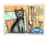 Black Cat With Wine & Flowers