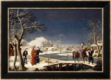 Winter: A Frozen River Landscape with a Lady on a Horse Crossing a Bridge