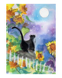 Tuxedo Cat in Moonlight with Sunflowers