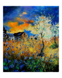 Blue wild flowers and blooming tree