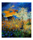 Blue wild flowers and blooming tree