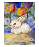 Lonely WHite Bunny Rabbit in the Tulips & Rain