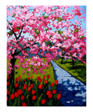 Pink Blossoms and Red Tulips
