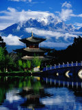 Pagoda Reflected in Black Dragon Pool in Front of Jade Dragon Snow Mountain  Lijiang  China