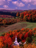 The White Steeple of a Church Among Colourful Autumn Leaves