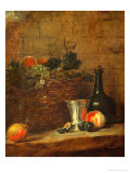 Fruit Basket with Grapes  a Silver Goblet and a Bottle  Peaches  Plums  and a Pear