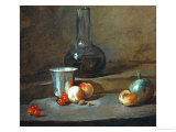 A Half-Full Decanter  a Silver Goblet  Five Cherries  an Apricot and a Green Apple