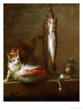 A Cat with a Piece of Salmon  Two Mackerels  Mortar and Pestle  1728
