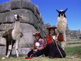 Local Indian Women with Domestic Llamas  Sacsayhumman  Cusco  Peru  South America