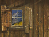 Reflection of Mountain and Forest in Window of Old Cabin  Uncompahgre National Forest  Colorado