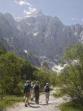 Tourist Group in Summer in Vrata Valley Walking Towards Triglav Mountain