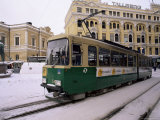 Tram in Street in Winter  Helsinki  Finland  Scandinavia