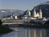 Domes of the Cathedral and Kollegienkirche and the Salzach River  Salzburg  Austria