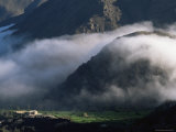 Local School Below Mist Rising in Valley of the High Atlas Mountains  Morocco  North Africa  Africa