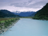 View up Whatoroa River to the Mountains of the Southern Alps  Canterbury  South Island  New Zealand