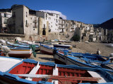 Fishing Harbour and Porta Pescara Beyond  Cefalu  Island of Sicily  Italy  Mediterranean