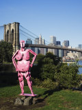 Brooklyn Bridge and Manhattan Skyline with Modern Artwork in the Foregound  New York City  USA