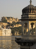 View of City Palace and Old City Across Pichola Lake with Decorative Lookout Tower in Foreground