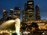 Merlion Fountain with Statue of Half Lion and Fish  with City Buildings Beyond  Southeast Asia