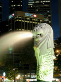 Merlion Fountain with Statue of Half Lion and Fish  with City Buildings Beyond  Southeast Asia