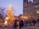 Christmas Decoration at Market on Namesti Miru and Neo-Gothic St Ludmilla Church at Twilight