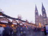 Christmas Decoration at Market on Namesti Miru and Neo-Gothic St Ludmilla Church at Twilight