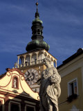 Statue on Nemesti and Church Clock Tower of Mikulov  Mikulovska Wine Region  Czech Republic