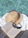 Straw Hat  Book and Sunglasses on Towel  North Male Atoll  Maldives  Indian Ocean