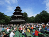 People Sitting at the Chinese Tower Beer Garden in the Englischer Garten  Munich  Bavaria  Germany