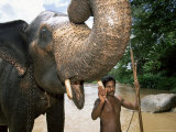 Elephant and His Mahout Washing in the River Near Kandy  Sri Lanka