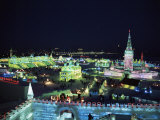 Ice Sculptures Lit at Night  Ice Lantern Festival  Bingdeng Jie  Harbin City  Heilongjiang  China