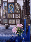 Colonial Style Bed with Bed Headboard Inlaid with 19th Century Prints of the God Krishna