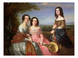 A Group Portrait of Three Girls  Three Quarter Length  in a Landscape  1849