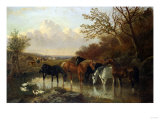 Farmhorses Watering in a Wooded River Landscape