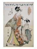 A Full Length Portrait of the Courtesan Somenosuke Accompanied by Two Kamuro