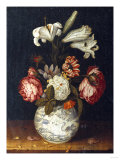 Lilies  Roses  a Marigold  and Other Flowers in a Blue and White Wan-Li Vase on a Ledge  1656
