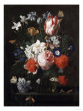 A Rose  a Tulip  Morning Glory  and Other Flowers in a Glass Vase on a Stone Ledge  1671
